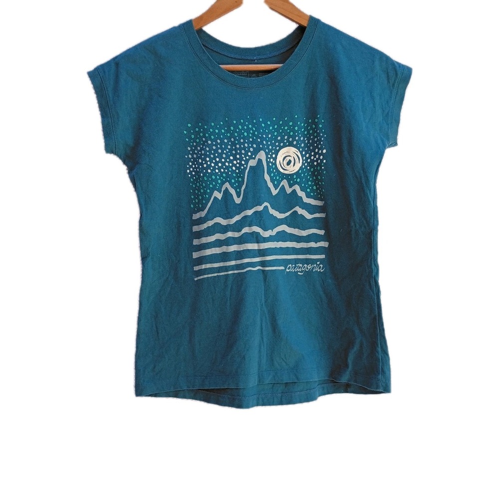 Patagonia Graphic T-Shirt Girls XL 14 Teal Blue Mountain Moon Gorpcore Nature